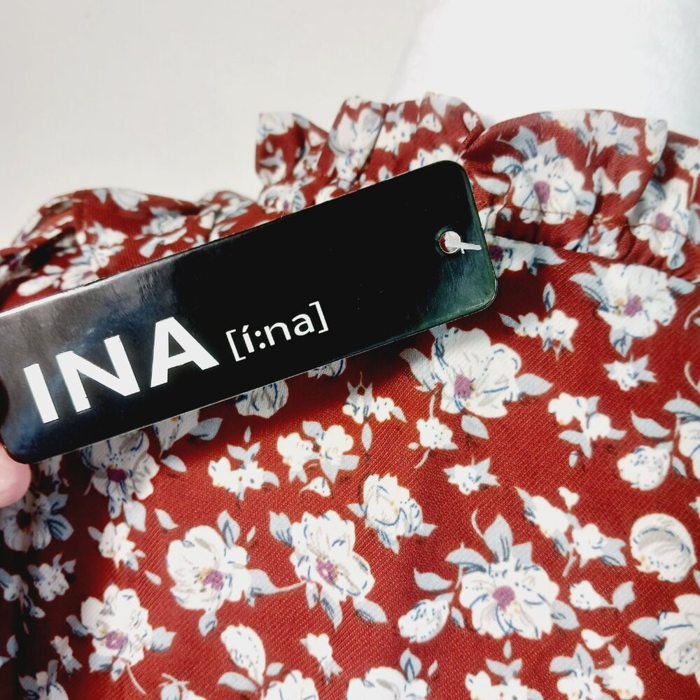 INA, NWT, Mini Dress, MED, Rust Floral Print Ruffle Accents 3/4 Sleeve Feminine - Picture 4 of 16